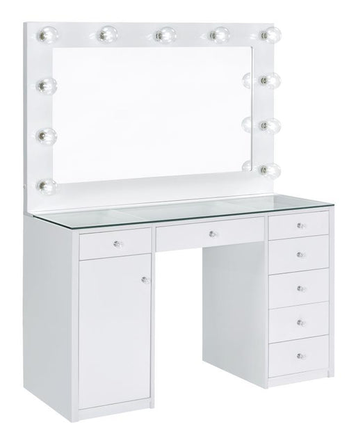 Acena - 7-Drawer Glass Top Vanity Desk With Lighting - White Sacramento Furniture Store Furniture store in Sacramento