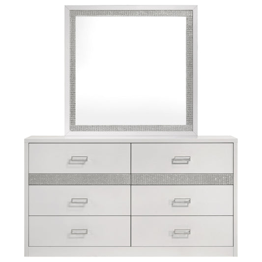 Viana 6-Drawer Bedroom Dresser with Beveled Mirror White High Gloss