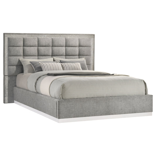 Viana Queen Chenille Platform Bed Grey and White High Gloss