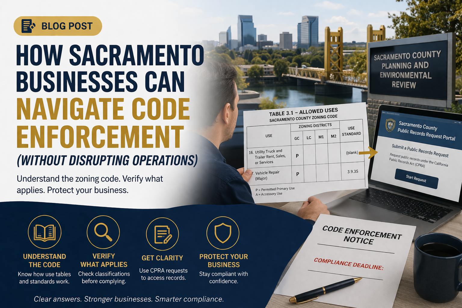 Sacramento code enforcement and zoning guide with use tables, CPRA request process, and business compliance steps