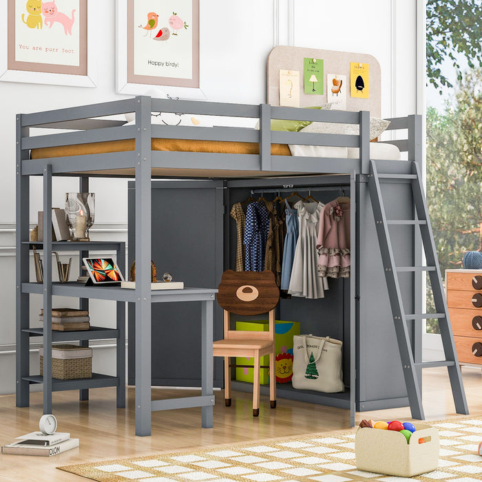 Full Size Loft Bed With Wardrobe And Desk And Shelves - Gray