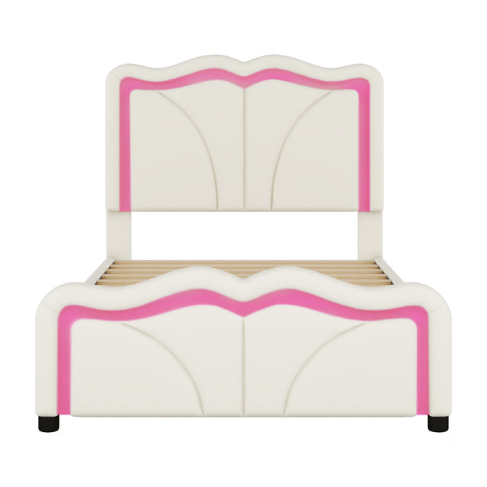 Upholstered Platform Bed & Curve Shaped And Height Adjustable Headboard, LED Light Strips