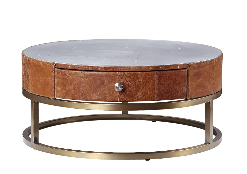 Tamas - 13" Coffee Table - Aluminum & Cocoa Top Grain Leather