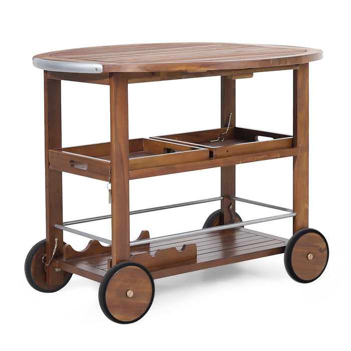 Wood And Aluminum Bar Cart With 2 Shelves - Oak / Silver