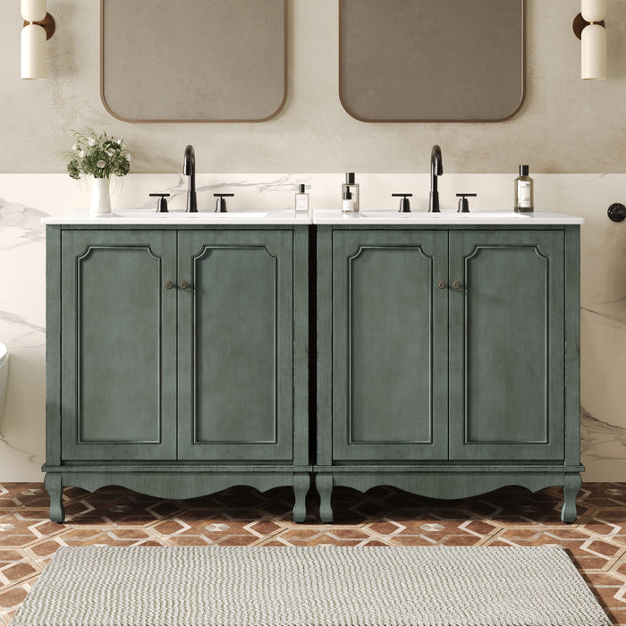 Double Sinks Bathroom Vanity Set, Vintage Bathroom Cabinet With 2 Separate Sinks - Antique Blue Green / Teal