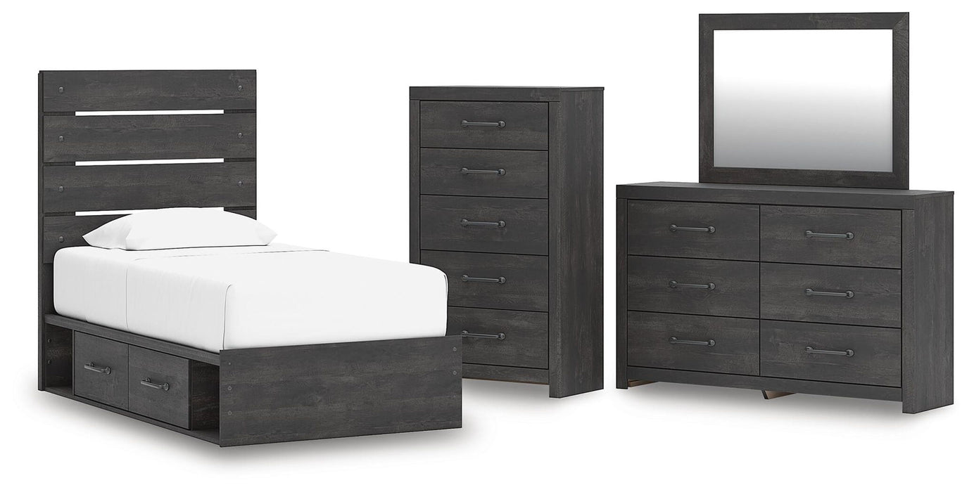 Hollivern - 4 Pc. - Twin Panel Storage Bed, Dresser, Mirror And Chest - Dark Gray