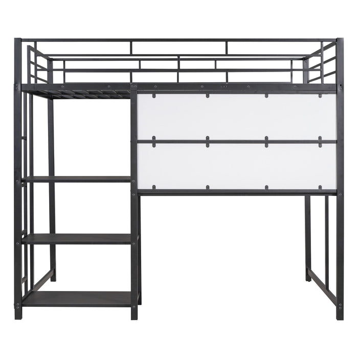 Metal Loft Bed With Desk, 3 Shelves And Ladder
