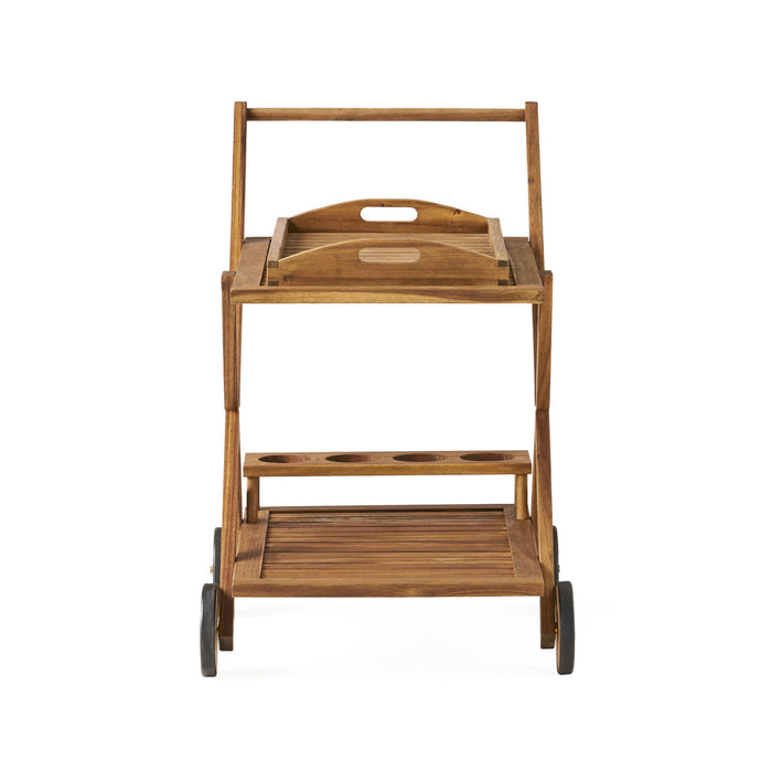 Riviera Bar Cart Stained Mobile With Wheels For Entertaining - Natural Stained