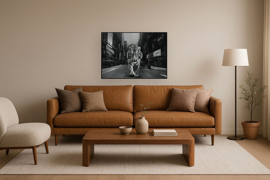 Glossy Painted Framed Canvas - Tiger Of The City - Dark Gray