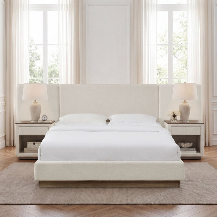 Muse - Queen Upholstered Platform Bed Frame - Ivory / Light Gray / Camel Oak