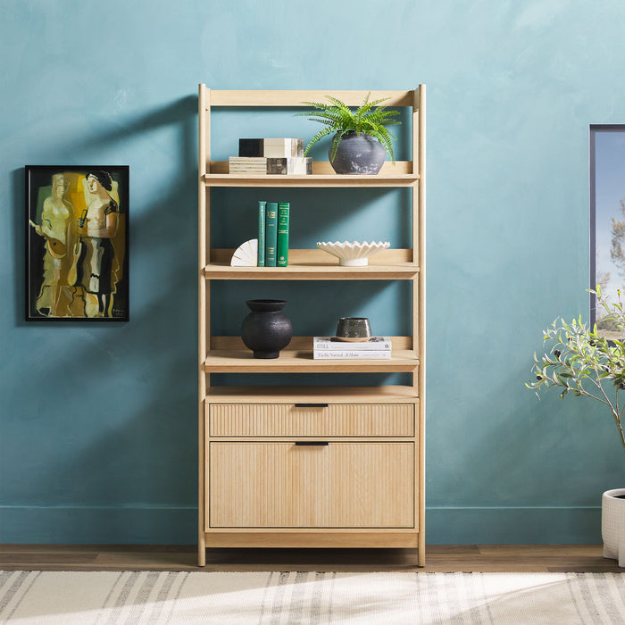 Transitional Wide Reeded Bookshelf With Drawers On Bottom