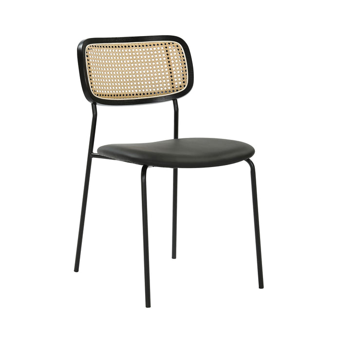 Downey - Modern Rattan Back Dining Chair With Faux Leather Seat And Metal Frame - Black