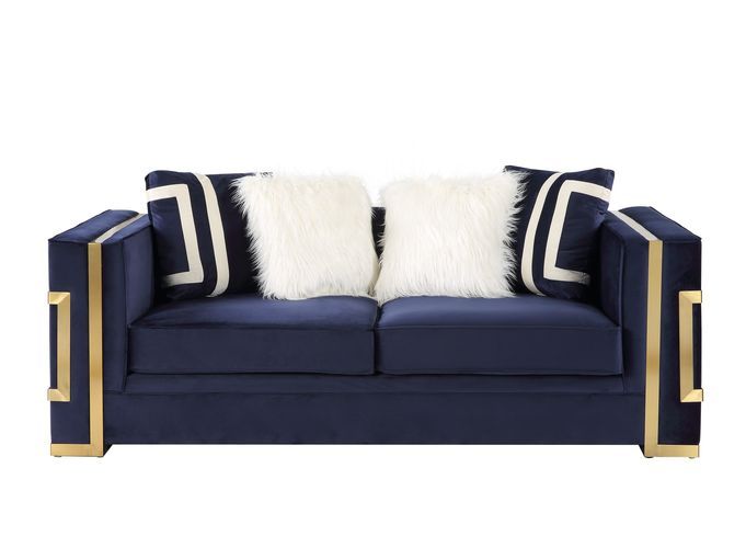 Virrux - Loveseat With 4 Pillows - Blue Velvet & Gold