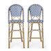 Outdoor Rattan French Barstool Set,, Bamboo, Seat Height - Navy Blue / White