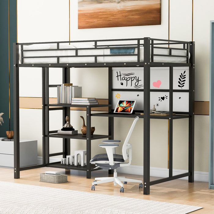 Metal Loft Bed With Desk, 3 Shelves And Ladder