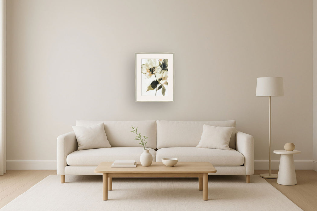 "Whispering Petals I" Framed Canvas Under Acrylic - Beige / Cream / Olive