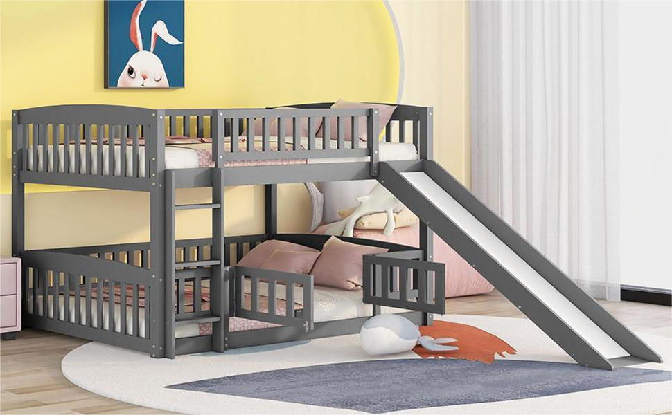Low Bunk Bed With Slide, Fence And Ladder