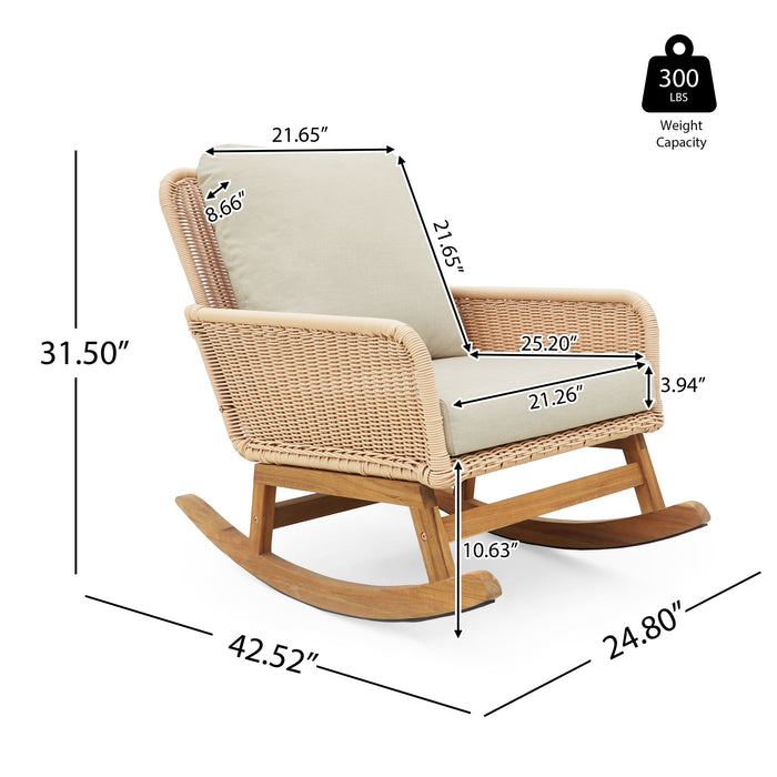 Modern 3 Piece Outdoor Seating Set With Cushioned Rattan Rocking Chairs And Wooden Accent Table