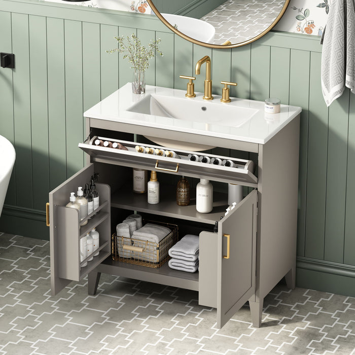 30" Bathroom Vanity With Sink Top, Soft Close Double Doors & Tip Out Drawer, Adjustable Interior Shelf, Door Mounted Organizers - Beige