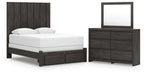 Fraluna - 3 Pc. - Queen Panel Storage Bed, Dresser And Mirror - Charcoal