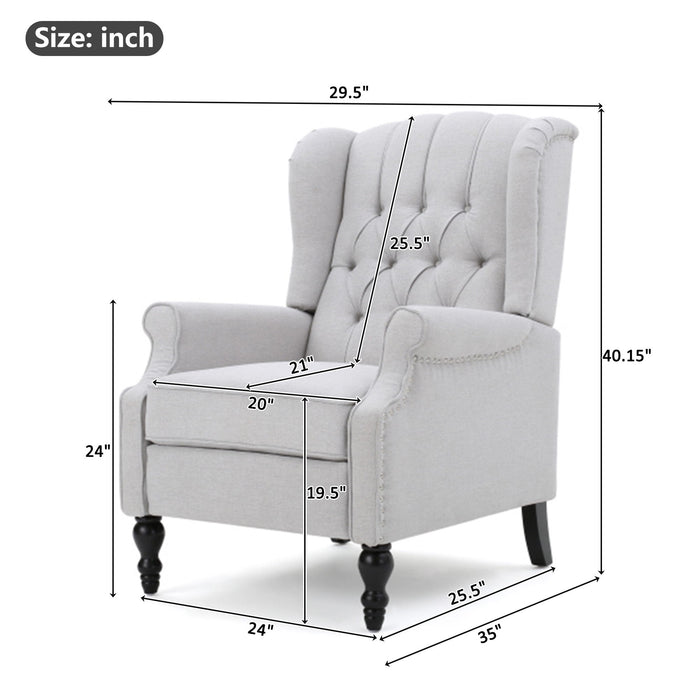 Tufted Arm Chair Recliner With Wingback Style, Pushback Mechanism - Light Gray