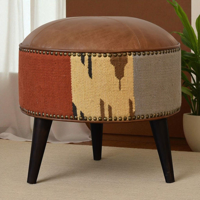 Durrie Leather Mixed Footstool