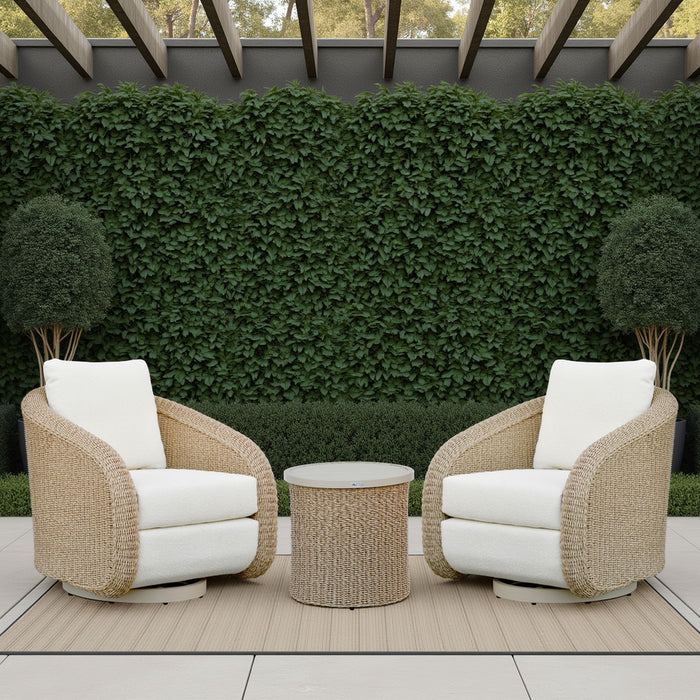 Pavilion - 3-Piece Outdoor Conversation Set (Swivel Club Chairs & End Table) - White / Natural