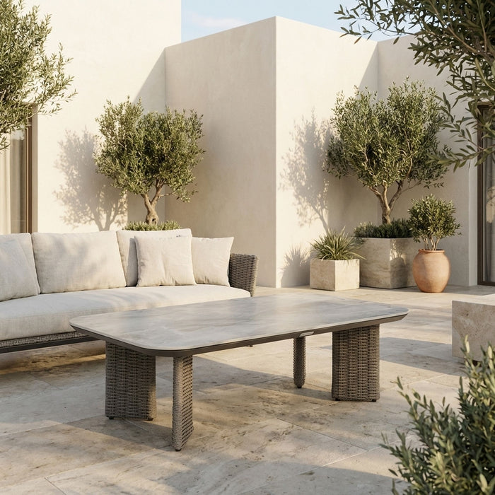 Ciela - Outdoor Rectangular Sintered Stone Coffee Table With Rattan Accents And Frame - Dark Bronze