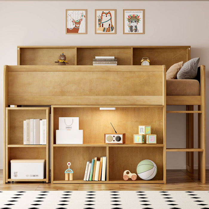 Loft Bed With Built-In Desk, LED Lighting, And Multiple Storage Shelves