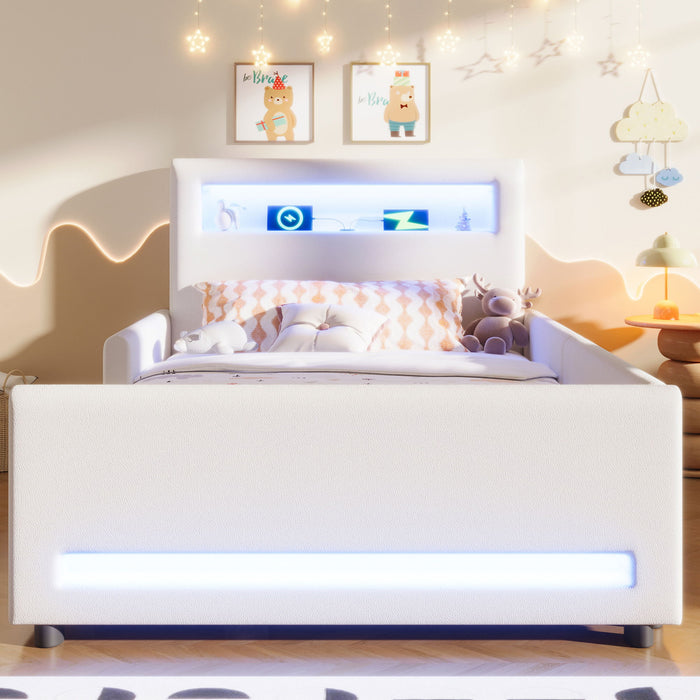 Upholstered Platform Bed With Drawer, LED Light Strip, USB Port