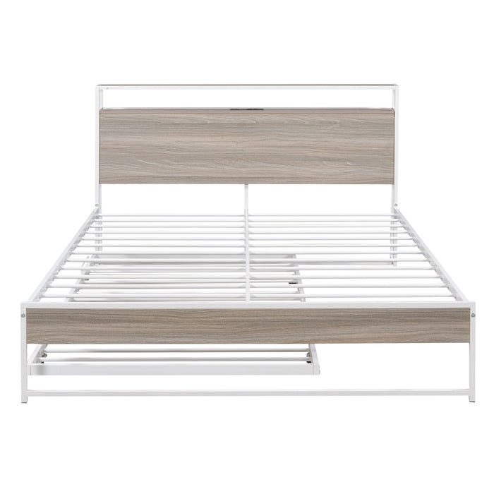 Platform Bed Frame With Trundle, USB Ports And Slat Support, No Box Spring Needed