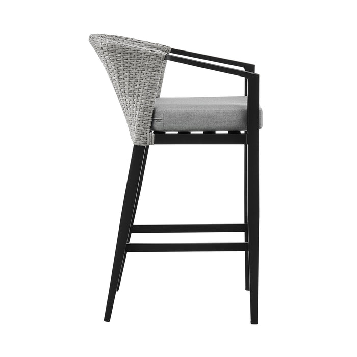 Palma - Outdoor Patio Counter Height Bar Stool In Aluminum And Wicker With Gray Cushions