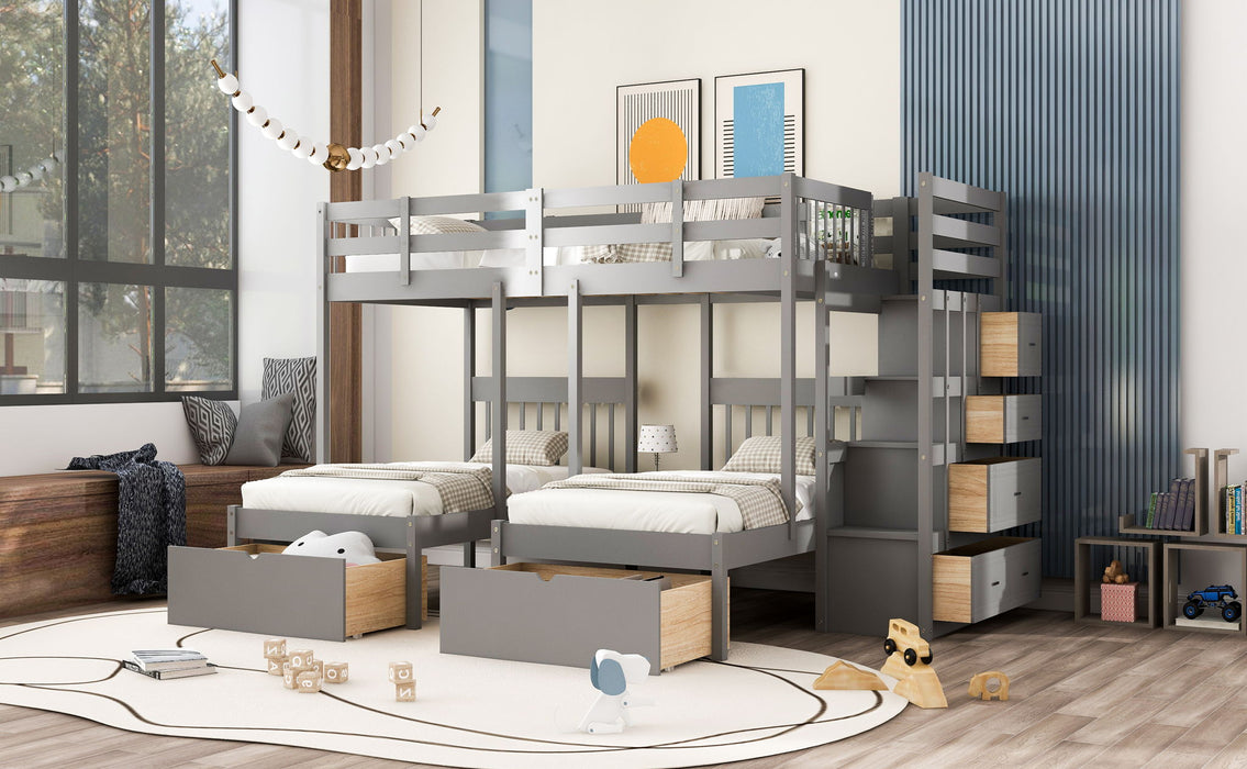 Full Over Twin & Twin Classic Triple Bunk Bed With Drawers And Guardrails - Gray