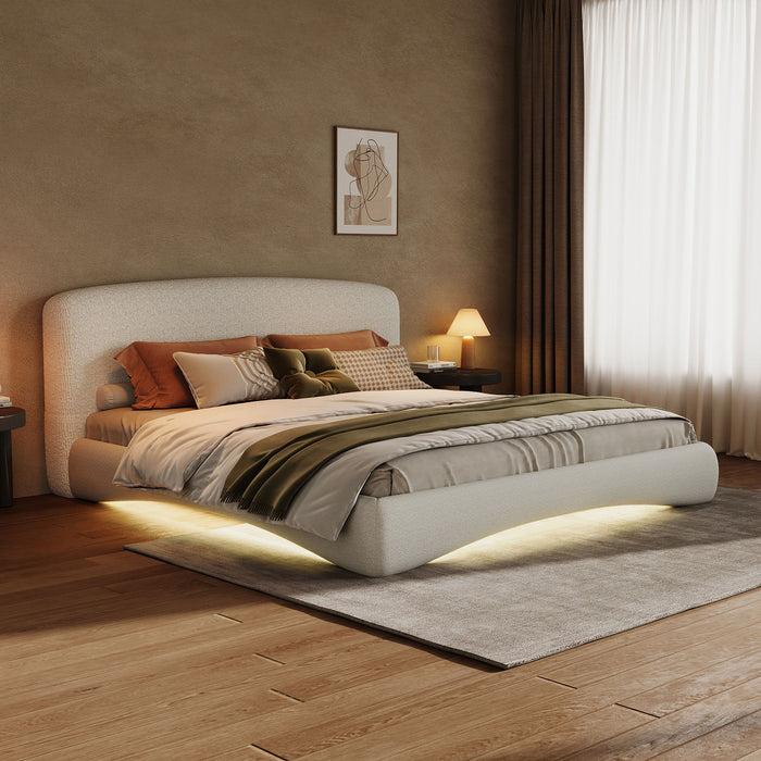 King Curved Upholstered Bed With Smart Ambient Lighting - Cream