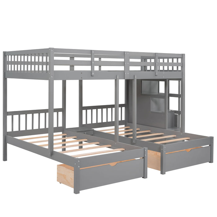 Full Over Twin & Twin Classic Triple Bunk Bed With Drawers And Guardrails - Gray