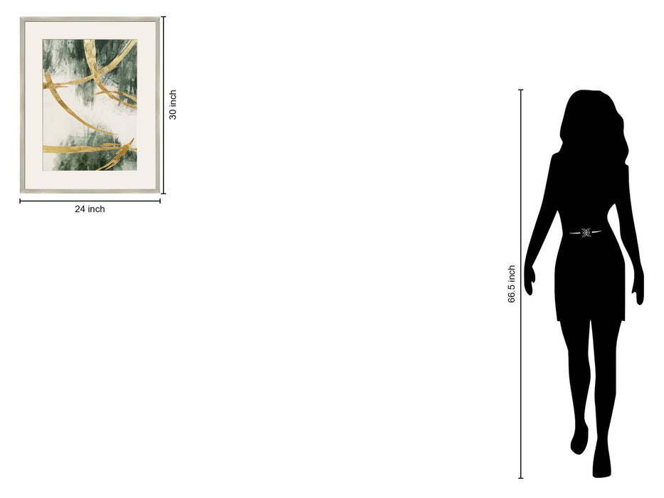 "Golden Strokes I" Hand-Embellished Canvas Framed Under Acrylic - Gold / Green / White