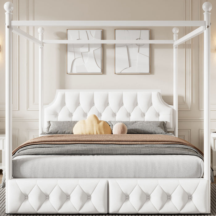 Canopy Platform Bed With Upholstered Headboard And 2 Storage Drawers - White