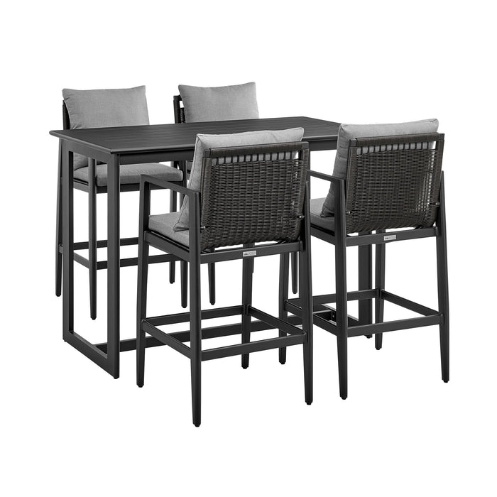Cayman - 5 Piece Bar Outdoor Patio Table Set - Aluminum With Gray Cushions