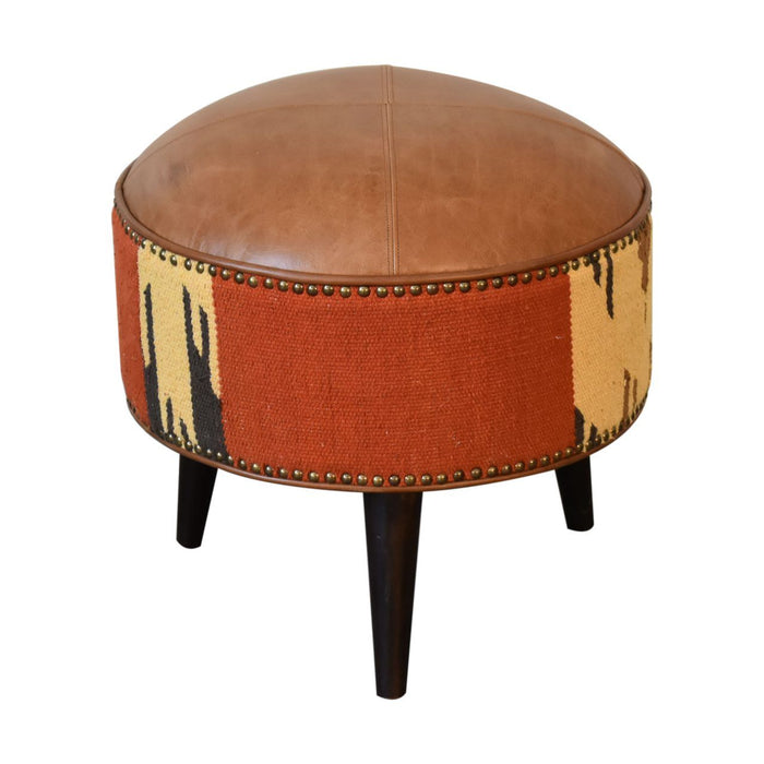 Durrie Leather Mixed Footstool - Thumbnail 3