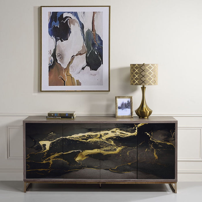 Payo - Console Cabinet - Black Marble Print Oak & Champagne