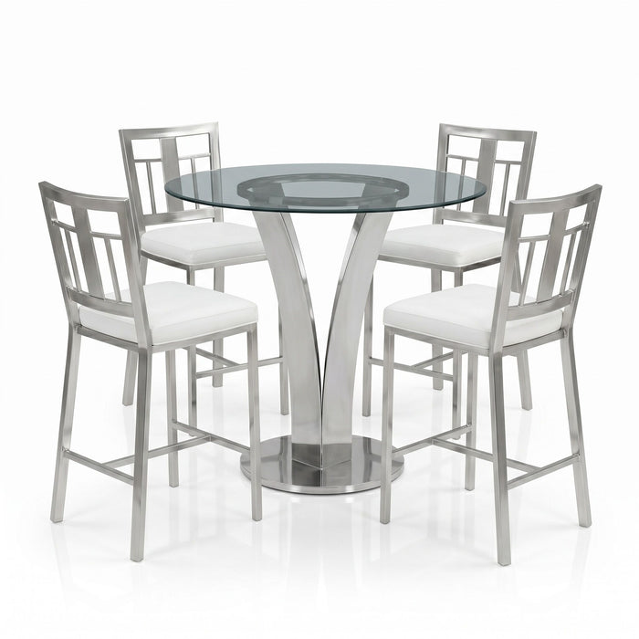 Celina - 5-Piece Round Tempered Glass Tabletop Dining Table Set With Stools Seats Up To 4 - White