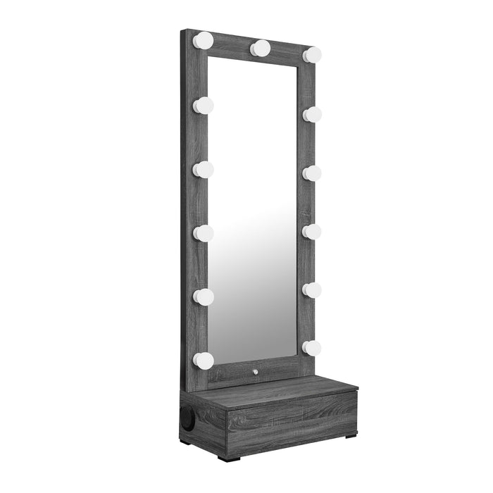 Lorena - Tall Mirror With Drawer And Speakers LED Lighting - Gray