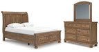 Feddinger - 3 Pc. - Queen Sleigh Storage Bed, Dresser And Mirror - Medium Brown