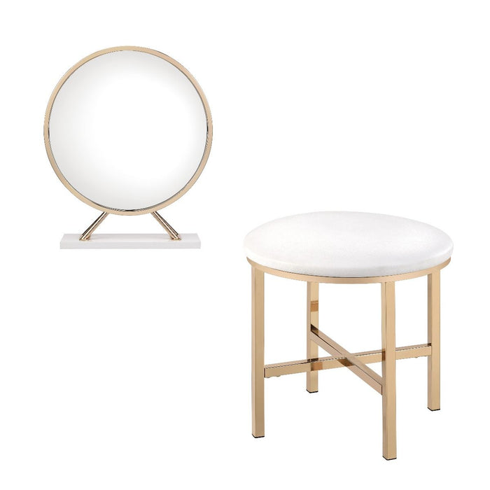 Midriaks - Mirror & Stool - Synthetic Leather , White & Gold