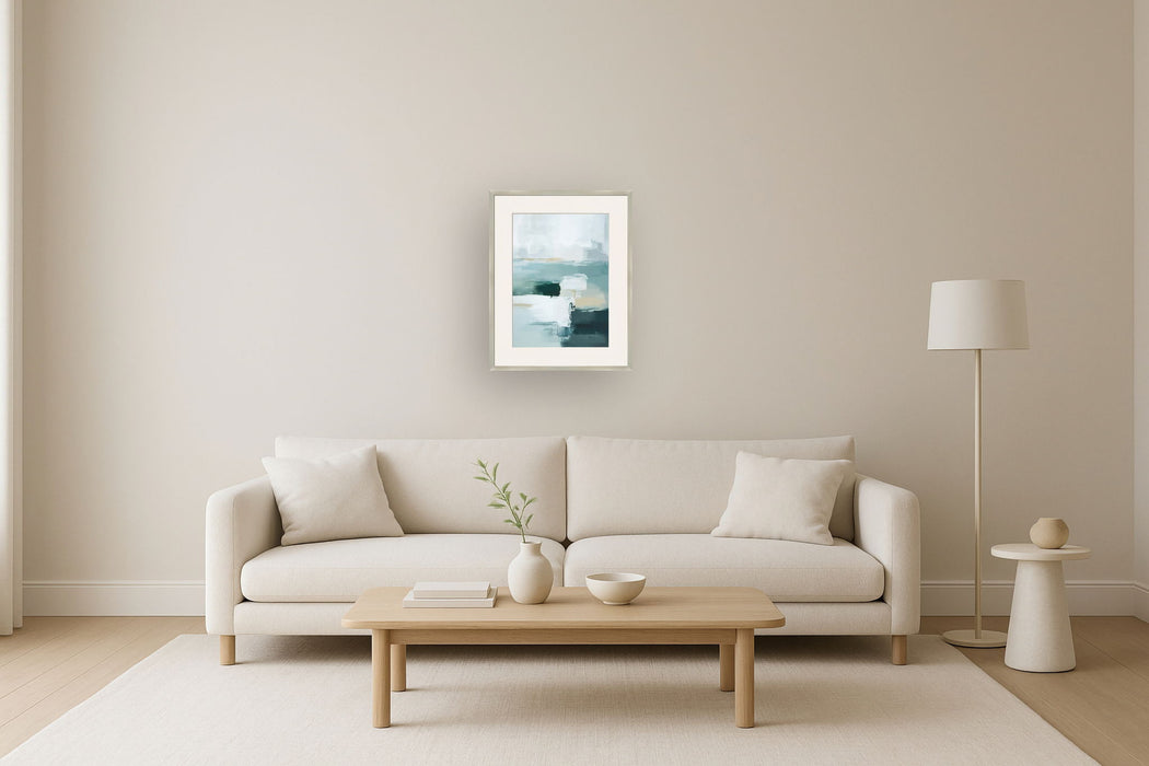 "Tranquil Horizons II" Framed Canvas Under Acrylic - Teal / Gray / Ivory