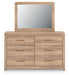 Kinlanni - 3 Pc. - Queen Upholstered Panel Bed, Dresser And Mirror - Tan