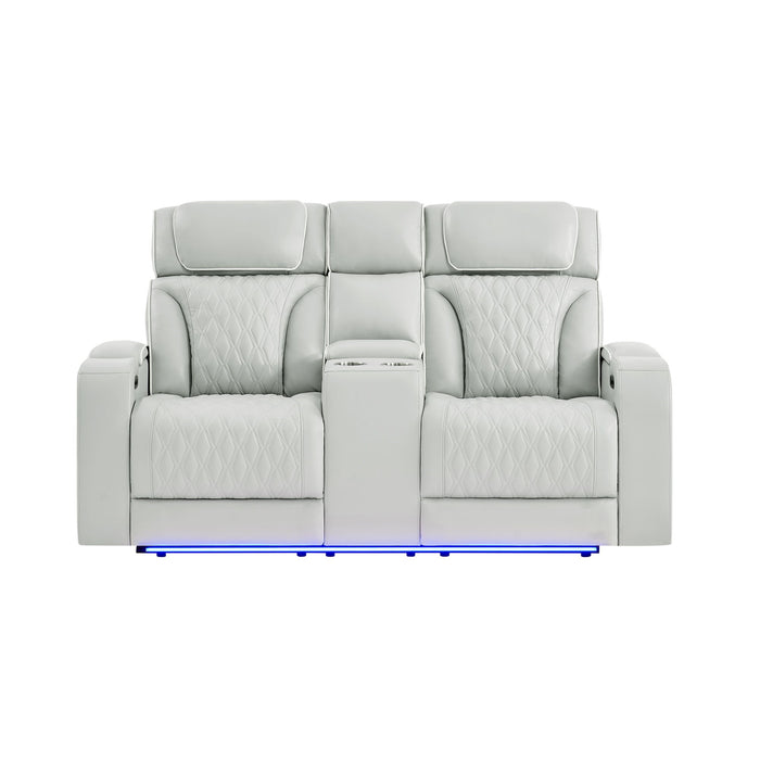 Julian - Power Console Reclining Loveseat, LED & Speaker - Silver