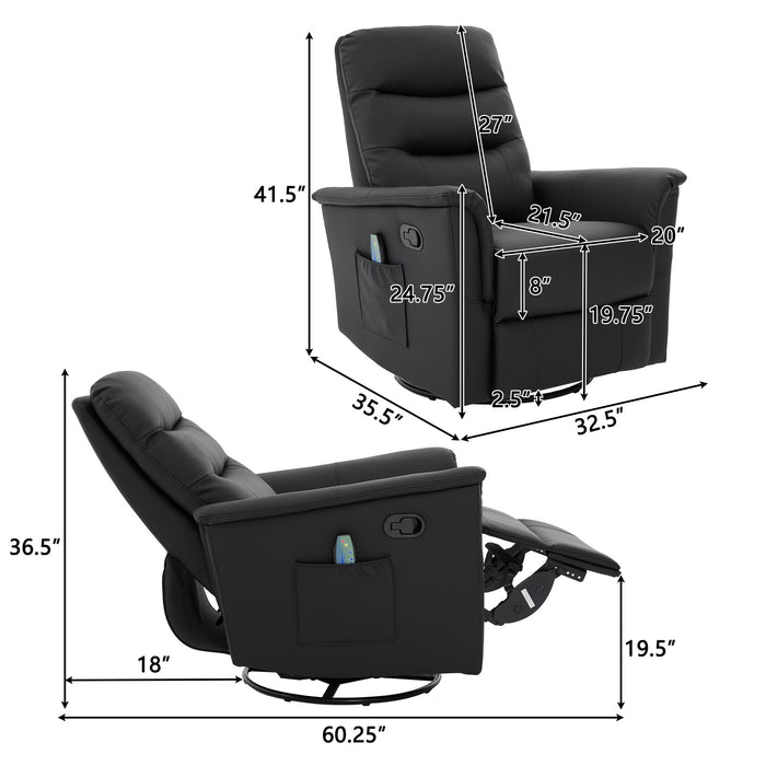 Manual Recliner Chair With 8 Point Massage And Swivel Function For Living Room - Black