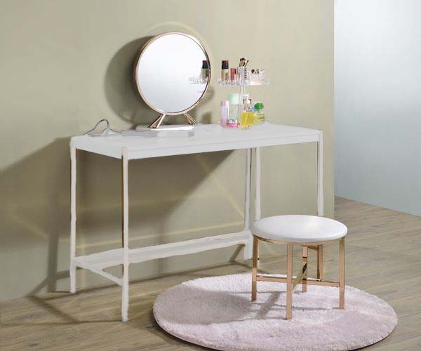 Midriaks - Mirror & Stool - Synthetic Leather , White & Gold