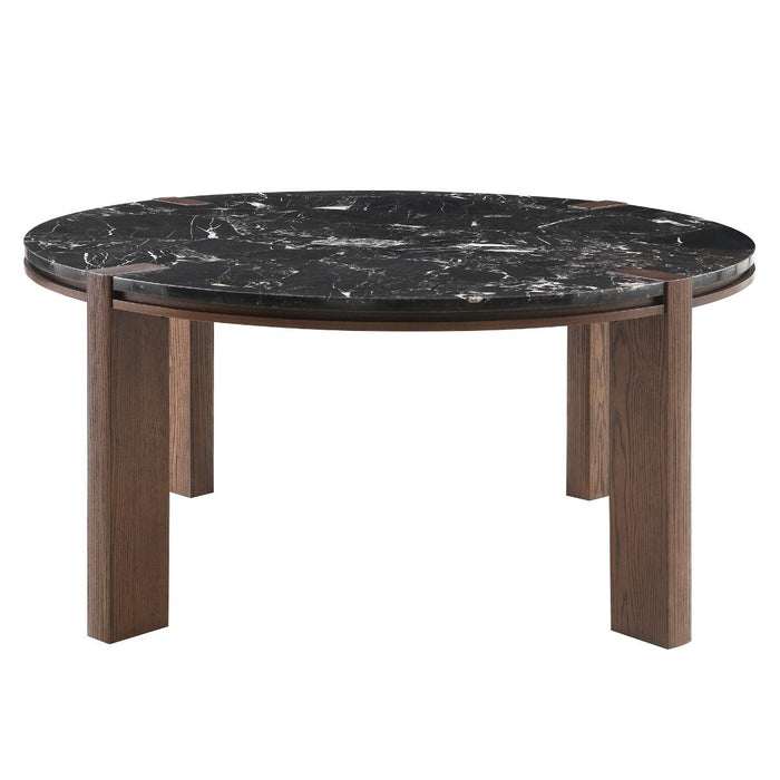 Estella - Round Dining Table With Natural Marble Top - Black Top & Walnut